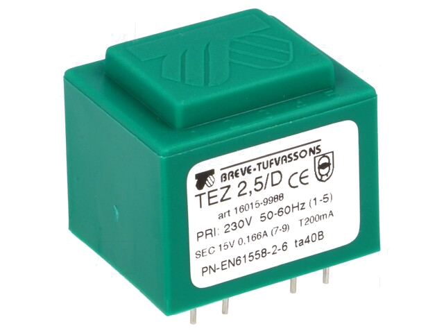 Transformator: ingegoten; 2,5VA; 230VAC; 15V; 166,6mA; PCB; IP00 Transformator: ingegoten; 2,5VA; 230VAC; 15V; 166,6mA; PCB; IP00